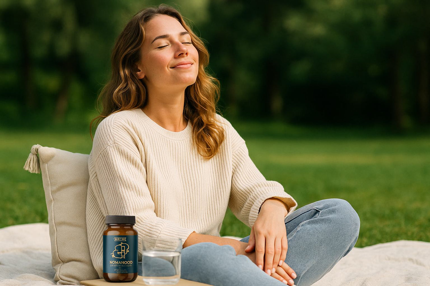 NovaMood natürliche Antidepressiva Alternative – glückliche Frau entspannt im Park, innere Balance und Lebensfreude durch SAMe Kapseln